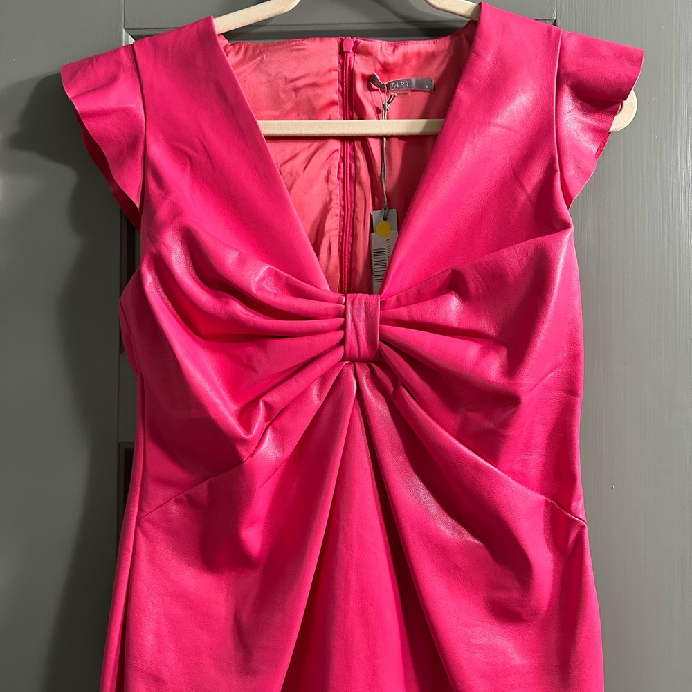 Vibrant Pink Leather V-Neck with Bow-like Detail